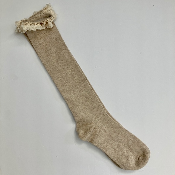 NWOT knee high heather oatmeal socks with off white lace cuff trim - Picture 2 of 4